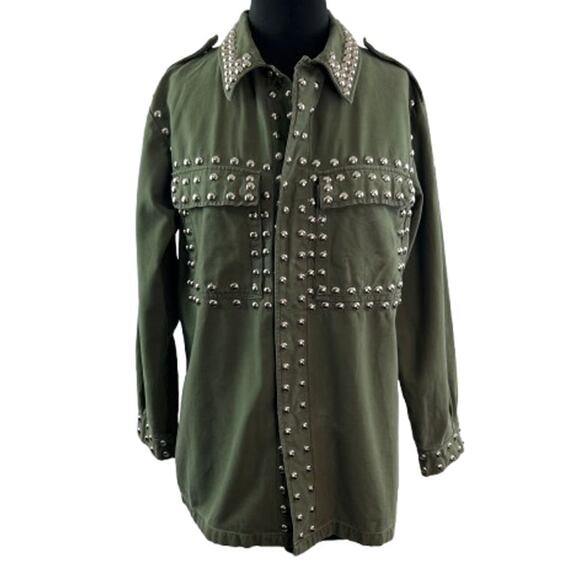 After Party By Nasty Gal Green Silver Jacket Denim Studded Snap-Button Size S/M - Picture 1 of 11